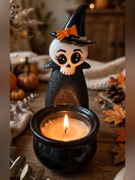 Bath & Body Works Other - RARE Bath & BodyWorks Ceramic Skeleton Witch Mini Votive Halloween Candle Holder